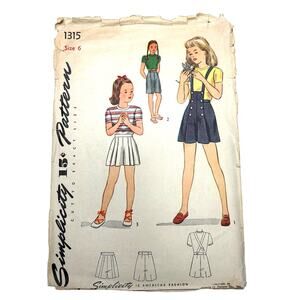 Simplicity Vintage 1940's Pattern‎ #1315 Children's Shorts Size 6
